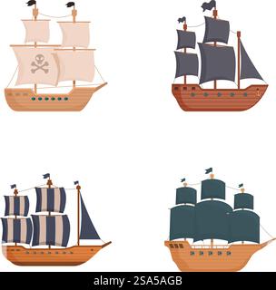 Illustrationskollektion mit vier verschiedenen Zeichentrickschiffen mit verschiedenen Segeldesigns vor weißem Hintergrund. Set von Zeichentrickschiffen auf weißem Hintergrund Stock Vektor