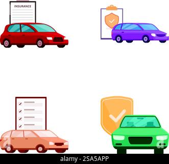 Sammlung von Vektorsymbolen, die Kfz-Versicherungen, Sicherheitskonzepte und Sicherheitskonzepte darstellen. Satz von Symbolen für Kfz-Versicherung und -Schutz Stock Vektor