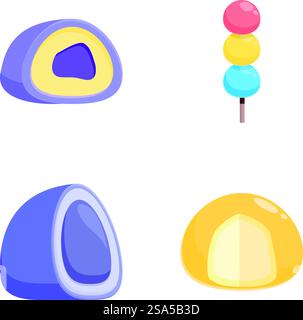 Vektor-Illustration von vier bunten Edelsteinen und Mineralien in einem Zeichentrickstil, isoliert auf weiß. Set aus bunten Zeichentricksteinen und Mineralien Stock Vektor