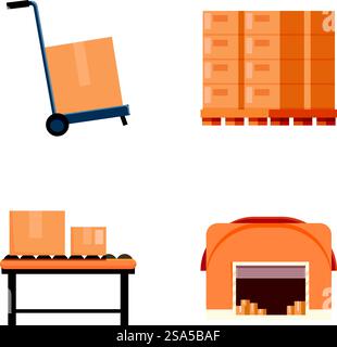 Flaches Design-Symbolset mit einem Handwagen, Kartonkisten, einem Förderband und einem Lager. Symbole für Logistik und Lieferung festgelegt Stock Vektor