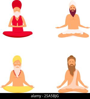 Yogi-Symbole setzen Cartoon-Vektor. Meditierender Mann in Yoga-Lotusposition. Kultur und Tradition. Yogi-Symbole setzen Cartoon-Vektor. Meditierender Mann in Yoga-Lotusposition Stock Vektor
