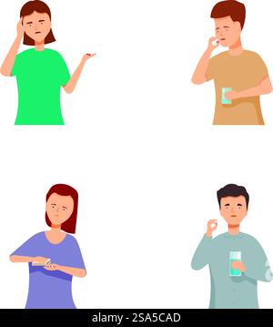 Sammlung von vier Abbildungen, die Personen mit verschiedenen Symptomen der Erkältung zeigen. Satz von Abbildungen, die häufige Erkältungssymptome darstellen Stock Vektor
