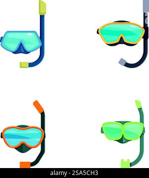 Vektor-Illustration Kollektion mit vier verschiedenen Designs von Schnorchelmasken und Schnorcheln, isoliert auf weiß. Set aus farbenfrohen Schnorchelausrüstung Vektorsymbolen Stock Vektor