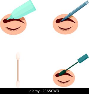 StepByStep Vektorsymbole für Make-up-Anwendung Tutorial mit Augen-Mascara, Eyeliner und Schattentechniken in flacher Design-Illustration. Vektorsymbole zeigen vier Schritte der Anwendung von Augen-Make-up an Stock Vektor