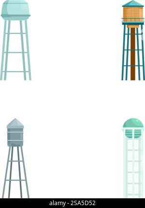 Sammlung von vier isolierten Wasserturm-Ikonen in flachem Design. Set mit vier Illustrationen zum Wasserturm Stock Vektor