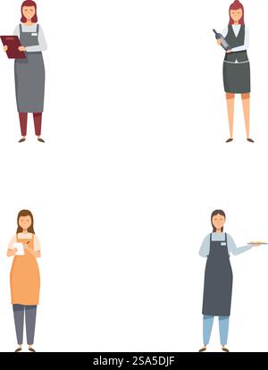 Sammlung von vier Vektor-Illustrationen, die Kellnerinnen in verschiedenen Uniformen mit einladenden Gesten zeigen. Verschiedene professionelle Kellnerinnen-Vektoren Stock Vektor