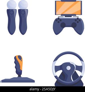 Sammlung von vier verschiedenen Steuergeräten für Videospiele, isoliert auf weiß. Satz von Videospiel-Controllern und Zubehör Stock Vektor