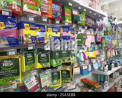 Haushaltsreinigungszubehör werden im Ladengang mit verschiedenen Marken und Farben angezeigt. Stockfoto