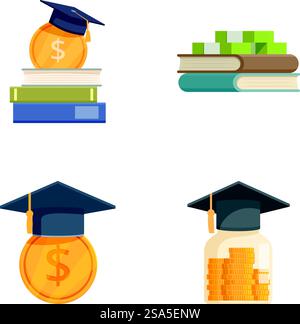 Vier flache Symbole, die Investitionen in Bildung symbolisieren, darunter Bücher mit Geld und Abschlusskappen. Symbolsatz für das Konzept der Investition in das Bildungswesen Stock Vektor
