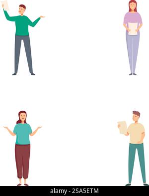 Sammlung von vier illustrierten Charakteren in lässiger Kleidung, die verschiedene Posen und Emotionen ausdrücken. Set aus verschiedenen Personen in legeren Outfits Stock Vektor