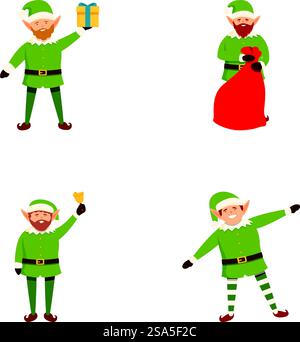 Festliche Illustrationskollektion für weihnachtself-Zeichentrickfiguren mit santa&rsquo;Helferpositionen und saisonalen Weihnachtsdekorationen. Set fröhlicher Elfen in verschiedenen Posen, perfekt für Urlaubsmotive Stock Vektor