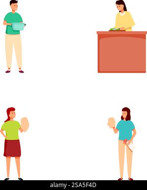 Sammlung farbenfroher Illustrationen, die Einzelpersonen zeigen, die sich mit dem Kochen und der Zubereitung von Speisen befassen. Vier Abbildungen von Menschen mit Essen und Küchenutensilien Stock Vektor