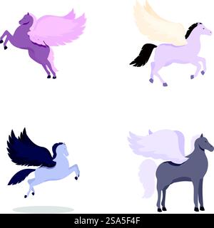 Sammlung von vier pegasus-Illustrationen mit verschiedenen Farben und Flügelstilen. Set von mythischen pegasus-Pferden in verschiedenen Posen Stock Vektor