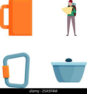 Set aus vier farbenfrohen Vektorsymbolen, die Alltagsgegenstände, Becher, Person mit Karte, Karabiner, Topf darstellen. Sammlung von Symbolen für isolierte Alltagsgegenstände Stock Vektor