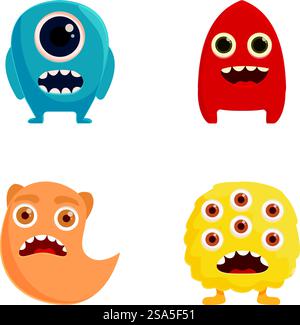 Sammlung von vier niedlichen und farbenfrohen Cartoon-Monster-Charakteren, isoliert auf weiß. Set farbenfroher Comic-Monster Stock Vektor