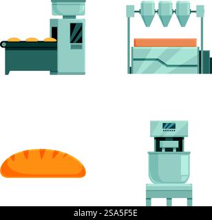 Vektorsatz von kommerziellen Bäckereimaschinen und frisch gebackenem Brot isoliert auf weißem Hintergrund. Industrielle Bäckereiausrüstung und frisches Brot Illustration Stock Vektor