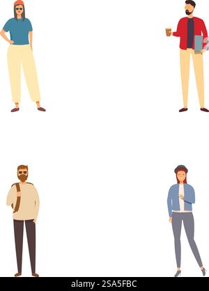 Sammlung von vier stilisierten Illustrationen, die verschiedene Menschen in lässiger Kleidung und modernem Stil zeigen. Verschiedene Illustrationen für Gelegenheitsmenschen Stock Vektor