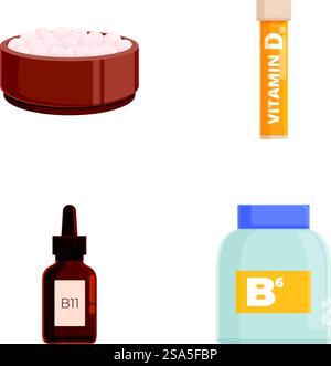 Bunte Illustration, die eine Vielzahl von Vitaminpräparaten und Pillen zeigt. Illustration des Satzes von Vitaminpräparaten und Behältern Stock Vektor