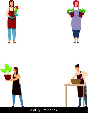 Sammlung von vier Illustrationen, die Personen zeigen, die verschiedene Pflanzen und Blumen halten. Eine Reihe von Illustrationen von Menschen mit Pflanzen Stock Vektor