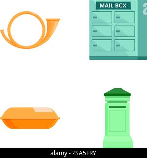 Sammlung von vier flachen Postsymbolen, darunter ein Hupe, eine Mailbox, ein Paket und ein Postfach mit Sockel. Vektorsatz mit Symbolen für Postelemente Stock Vektor