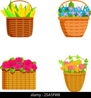 Kollektion mit vier farbenfrohen Blumenkörben, ideal für Frühlingsmotive und Blumenmotive. Set dekorativer Blumenkörbe Stock Vektor