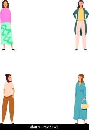 Kollektion von vier Frauen mit verschiedenen Outfits und Haltungen im flachen Design. Verschiedene Zeichentrickfiguren für Frauen Stock Vektor