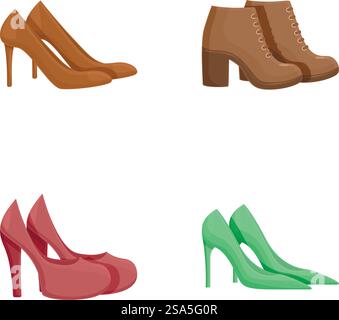 Vielseitiges Set aus stylischen Damenschuhen in einem klaren, modernen Illustrationsstil. Kollektion eleganter Damenschuhe Illustration Stock Vektor
