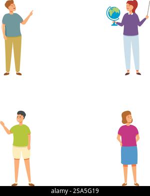 Vier farbenfrohe Zeichentrickfiguren, die an verschiedenen Aktivitäten teilnehmen, illustriert auf weißem Hintergrund. Verschiedene Zeichentrickfiguren Stock Vektor