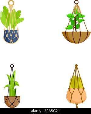 Vier Vektor-Illustrationen von Zimmerpflanzen in stilvollen hängenden Töpfen isoliert auf einem weißen Hintergrund. Set mit hängenden Illustrationen für Pflanzen in Innenräumen Stock Vektor