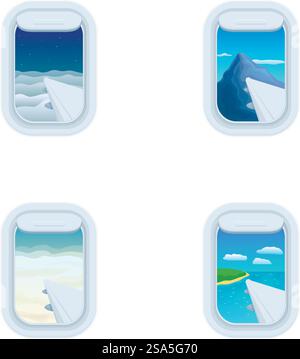 Vektorabbildungen von Flugzeugfensteransichten, die Winter-, Frühlings-, Sommer- und Herbstlandschaften zeigen. Four Seasons Flugzeugfenster Ansichten Vektorsatz Stock Vektor