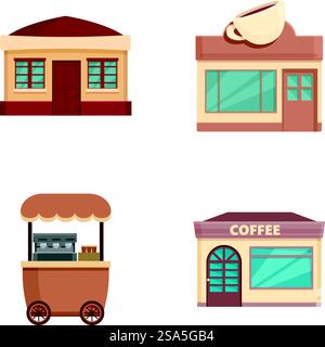 Set aus vier Cartoonstil Coffee Shop Gebäuden und Wagen, isoliert auf weißem Hintergrund. Sammlung von Illustrationen im Café Stock Vektor