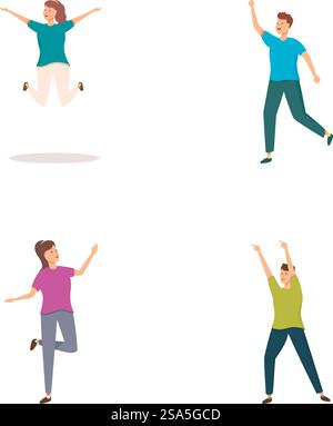Abbildung von vier fröhlichen Zeichentrickfiguren, die vor Begeisterung springen. Eine Gruppe glücklicher Menschen, die springen und feiern Stock Vektor