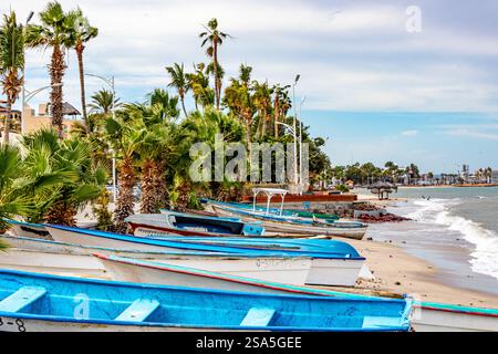 Gruppe von Ruderbooten, die am mexikanischen Strand neben der Promenade auf Sand gestrandet sind, grüne Palmen, Wellen brechen auf Sand, bewölkter Tag in La Paz, Baja Califo Stockfoto