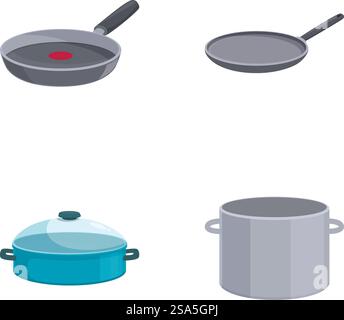 Moderne und einfache Küche Kochgeschirr Vektor-Set mit Töpfen. Pfannen. Und Utensilien zum Kochen und Zubereiten von Speisen. Isolierte Illustration für kulinarische und Home-Design. Inklusive Antihaftpfanne. Anschauliches Set mit verschiedenen Kochgeschirr, einschließlich einer Pfanne und Töpfen Stock Vektor