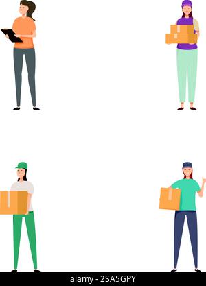 Sammlung von vier verschiedenen Zustellern, die jeweils ein Paket halten. Gruppe von Lieferarbeitern, die Pakete halten Stock Vektor