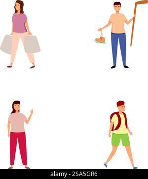 Sammlung von vier Illustrationen, die Einzelpersonen in verschiedenen gemeinsamen Szenarien darstellen. Eine Gruppe unterschiedlicher Personen, die alltägliche Aktivitäten ausüben Stock Vektor