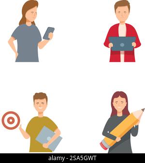 Vier illustrierte junge Erwachsene mit verschiedenen Werkzeugen, die verschiedene Berufe repräsentieren. Set von jungen Cartoon-Profis, die Werkzeuge verwenden Stock Vektor