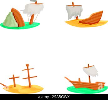 Farbenfrohe Sammlung von Cartoon-Schiffswracks mit verschiedenen nautischen Themen, mit isolierten Vektorillustrationen von versunkenen, verlassenen und gekenterten Schiffen bei Seekatastrophen. Set aus vier Wracks im Cartoonstil, jedes isoliert auf verschiedenfarbigen Hintergründen Stock Vektor
