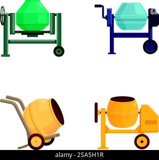 Sammlung von Vektorillustrationen mit verschiedenen Stilen von Comic-Betonmischern. Satz von Betonmischern für Zeichentrickfilm Stock Vektor