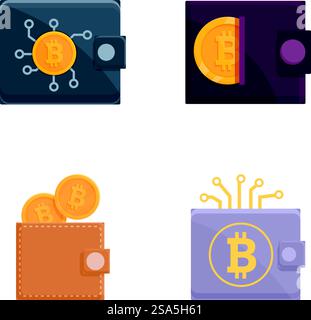Sammlung moderner Kryptowährungs-Wallet-Vektorsätze mit sicherer digitaler Währung, Blockchain-Technologie und flachem Design für Online-Banking und Finanztransaktionen. Sammlung von vier digitalen Geldbörsen im Vektorformat einschließlich Bitcoin Stock Vektor