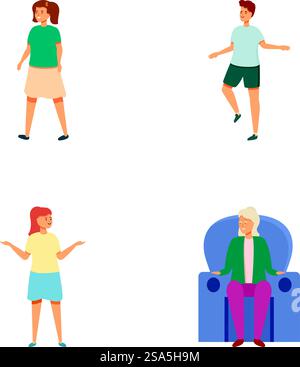 Eine Sammlung verschiedener Charaktere, die sich mit täglichen Aktionen wie Gehen und Springen beschäftigen. Verschiedene Menschen in alltäglichen Aktivitäten Illustrationsset Stock Vektor