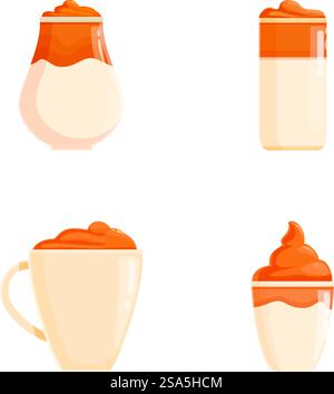 Sammlung von vier modernen Vektor-Illustrationen, die verschiedene Stile von köstlichem Dalgona-Kaffee zeigen. Verschiedene Dalgona Kaffee Illustrationen Set Stock Vektor