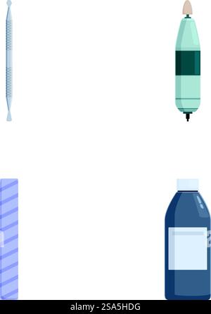 Sammlung von vier Vektorillustrationen mit medizinischen Hilfsmitteln einschließlich Thermometer und IV-Beutel. Vektorsatz von medizinischen Verbrauchsmaterialien und Medikamenten Stock Vektor
