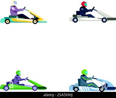 Sammlung von vier gokart-Rennillustrationen mit Fahrern in verschiedenfarbigen Karts. Set farbenfroher gokart Racer in Aktion Stock Vektor