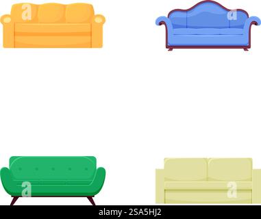 Sammlung von vier flachen Sofa-Symbolen in verschiedenen Stilen und Farben auf weißem Hintergrund. Set mit bunten Sofakymbolen Stock Vektor