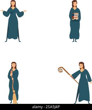 Sammlung illustrierter Fantasy-Charaktere in verschiedenen Kostümen, darunter ein Magier und ein Krieger. Set aus vier verschiedenen Illustrationen für Fantasy-Figuren Stock Vektor