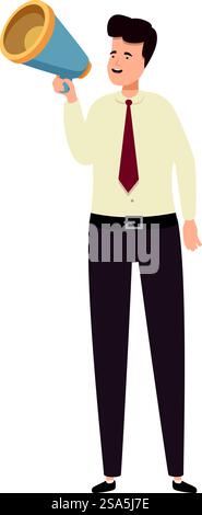 Geschäftsmann spricht in ein Megaphon und macht eine wichtige Ankündigung. Lächelnder Geschäftsmann mit Megaphon, der Ankündigung macht Stock Vektor