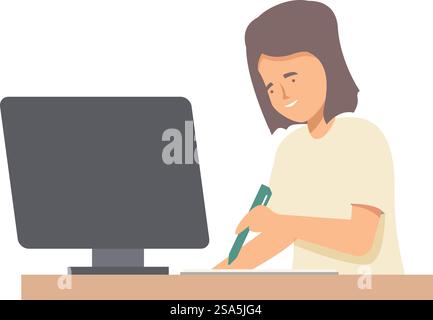 Die junge Frau sitzt an ihrem Schreibtisch und macht sich Notizen, während sie an ihrem Computer arbeitet. Eine junge Frau, die Notizen macht, während sie an ihrem Schreibtisch am Computer arbeitet Stock Vektor