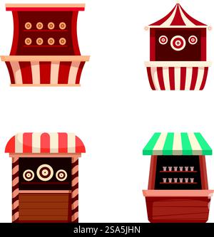 Vier stilisierte Vektor-Illustrationen von charmanten, kleinen Marktständen, die für Spiele und Grafiken geeignet sind. Eine Reihe farbenfroher Karikaturmarkt-Stände Stock Vektor