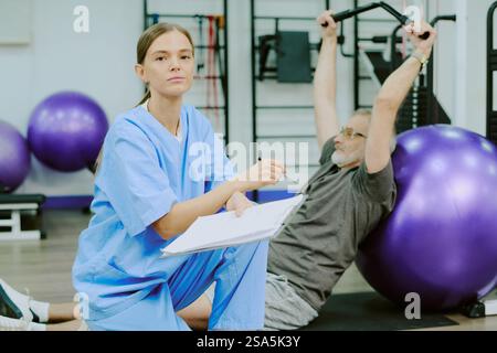 Mittlere Nahaufnahme eines jungen Reha-Spezialisten mit Notizblock und Stift in der Hand, der für ein Foto posiert, während ein älterer Mann im Hintergrund Übungen macht Stockfoto